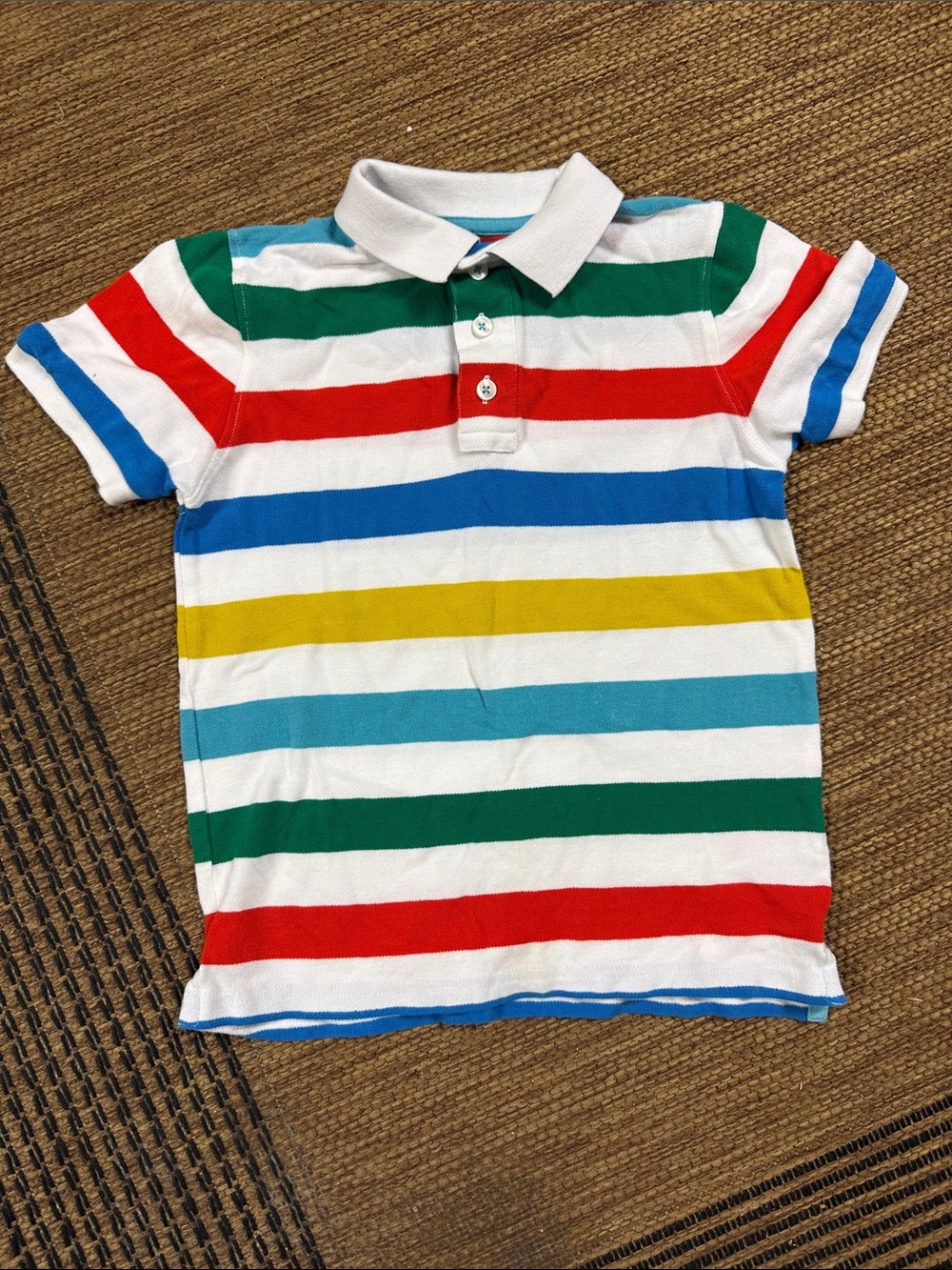 Mini Boden White Polo with Red, Green, Blue, Yellow Stripes